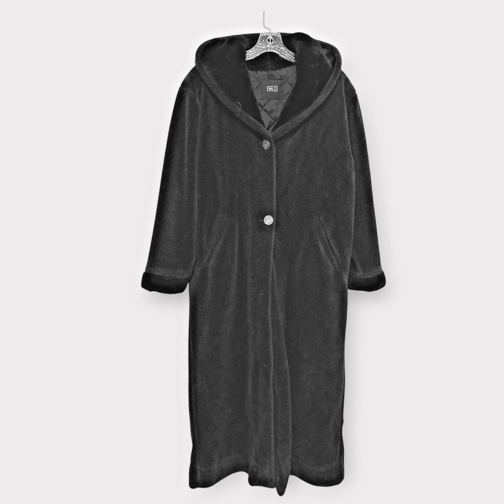 Vintage NILS Long Black Faux Fur Coat Hooded Teddy Bear Soft